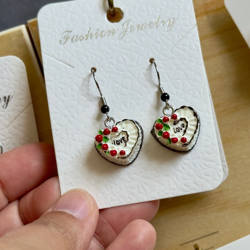 Fashion Jewelry White Heart 'Love' Dangle Earrings with Red & Green Accents